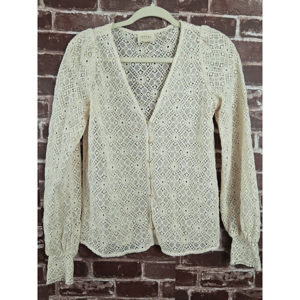 Sezane GAYA Crochet Lace Blouse Sz 34 (US 2) Ecru Button Front Parisian V-Neck